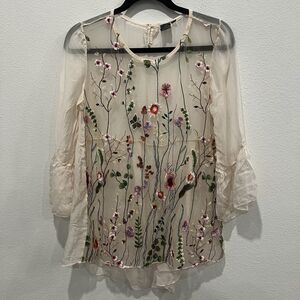 Moda Seta Italy Sheer Embroidered Blouse Sz Xl Fits Like An M Floral Fairy Cute
